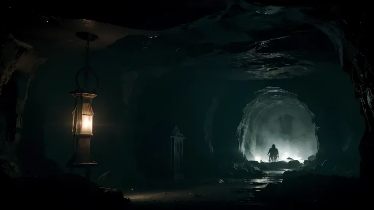 (best quality, realistic:1.37), dark and eerie cave, mysterious atmosphere, dripping water and echoing sounds, eerie shadows, stalactites and stalagmites, haunting silence, dimly lit with flickering torchlight, hidden treasures, ancient symbols on the wall...