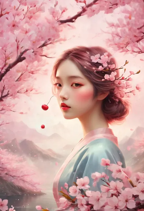 soft space，Surrealist fantasy，girl，Cherry blossoms