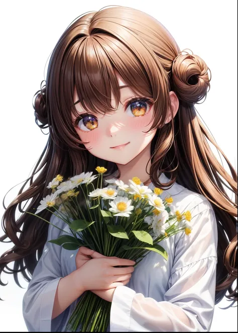 girl、white background、no background、Curled shortcuts、curly hair、contrasting bangs、brown hair、My eyes are sparkling、highlight、flower、flowerかんむり、髪の毛にflowerがついている、fluffy、All are displayed、photograph all hair、blush、smile、cute、no background