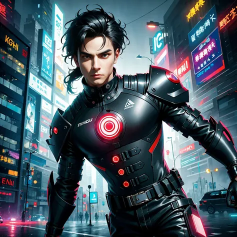 (masterpiece, best quality:1.2), Graffiti caricatures，full image, High resolution and high contrast,simple,rainy night，Futuristic male agent, His face is very determined, intense gaze, shiny black hair, Detailed futuristic silver pistol,,wearing black suit...