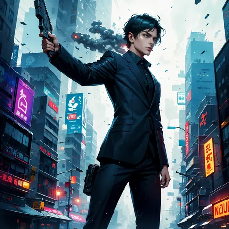 (masterpiece, best quality:1.2), Graffiti caricatures，full image, High resolution and high contrast,simple,rainy night，Futuristic male agent, His face is very determined, intense gaze, shiny black hair, Detailed futuristic silver pistol,,wearing black suit...