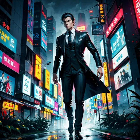 (masterpiece, best quality:1.2), Graffiti caricatures，full image, High resolution and high contrast,simple,rainy night，Futuristic male agent, His face is very determined, intense gaze, shiny black hair, Detailed futuristic silver pistol,,wearing black suit...