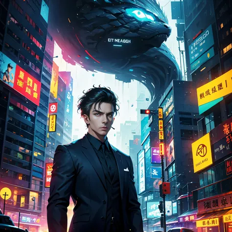 (masterpiece, best quality:1.2), Graffiti caricatures，full image, High resolution and high contrast,simple,rainy night，Futuristic male agent, His face is very determined, intense gaze, shiny black hair, Detailed futuristic silver pistol,,wearing black suit...