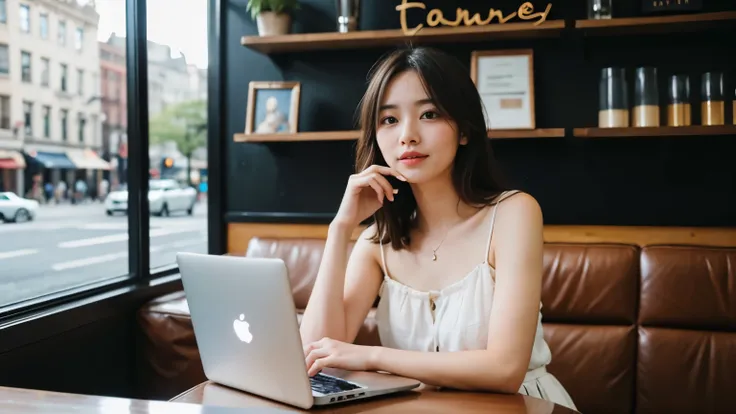 ((highest quality)), ((masterpiece)), (be familiar with), perfect face,A sexy female college student working remotely using a laptop and smartphone at a cafe in New York