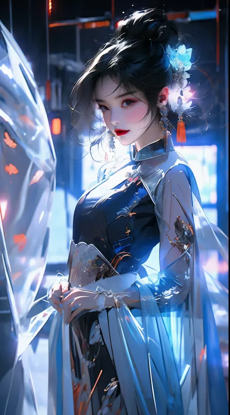 1 girl, Chinese_clothing, liquid silver and pink, cyberhan, cheongsam, cyberpunk city, dynamic poses, Luminous headphones, Luminous hair accessories, long hair, Luminous earrings, glow necklace, cyberpunk, 高science and technology城, full of mechanical and f...