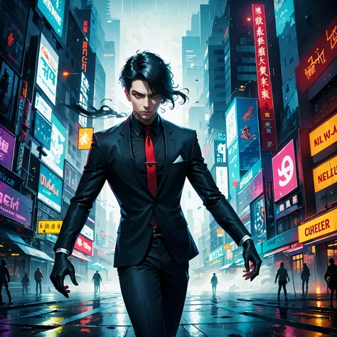 (masterpiece, best quality:1.2), Graffiti caricatures，full image, High resolution and high contrast,simple,rainy night，Futuristic male agent, His face is very determined, intense gaze, shiny black hair, Detailed futuristic silver pistol,,wearing black suit...