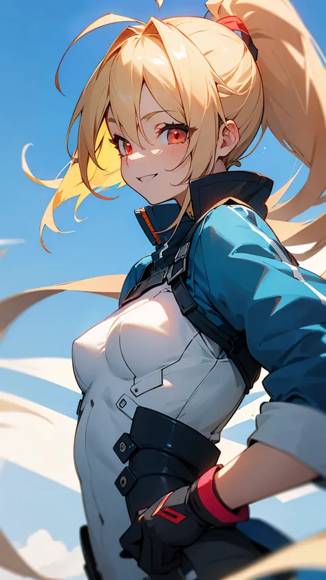 1 girl、small breasts、riders jacket、blonde、red eye、ponytail、Ahoge、From the side、gloves、bright smile、roof of the building、Blowin in the wind、blue sky、upper body close-up、sharp outline