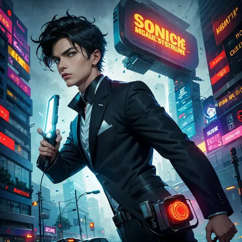 (masterpiece, best quality:1.2), Graffiti caricatures，full image, High resolution and high contrast,simple,rainy night，Futuristic male agent, His face is very determined, intense gaze, shiny black hair, Detailed futuristic silver pistol,,wearing black suit...