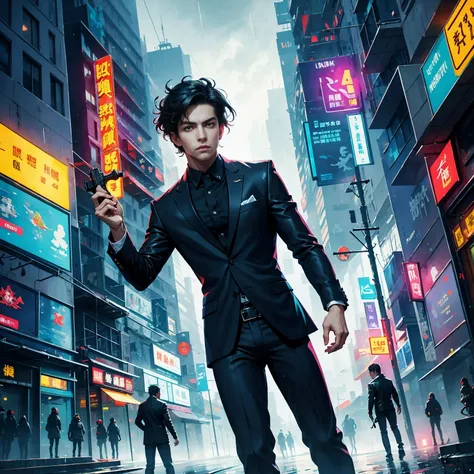 (masterpiece, best quality:1.2), Graffiti caricatures，full image, High resolution and high contrast,simple,rainy night，Futuristic male agent, His face is very determined, intense gaze, shiny black hair, Detailed futuristic silver pistol,,wearing black suit...