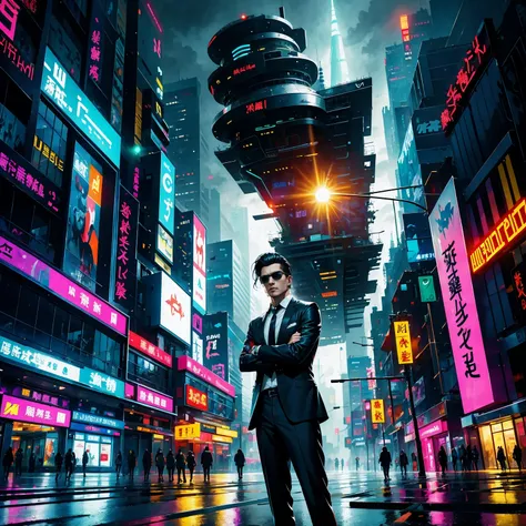 (masterpiece, best quality:1.2), Graffiti caricatures，full image, High resolution and high contrast,simple,rainy night，Futuristic male agent, His face is very determined, intense gaze, shiny black hair, Detailed futuristic silver pistol,,wearing black suit...