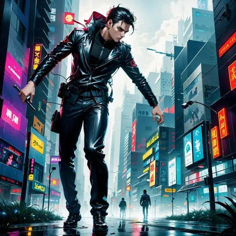 (masterpiece, best quality:1.2), Graffiti caricatures，full image, High resolution and high contrast,simple,rainy night，Futuristic male agent, His face is very determined, intense gaze, shiny black hair, Detailed futuristic silver pistol,,wearing black suit...