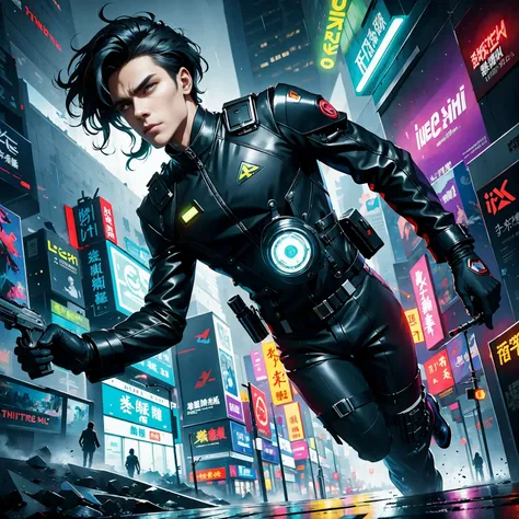 (masterpiece, best quality:1.2), Graffiti caricatures，full image, High resolution and high contrast,simple,rainy night，Futuristic male agent, His face is very determined, intense gaze, shiny black hair, Detailed futuristic silver pistol,,wearing black suit...