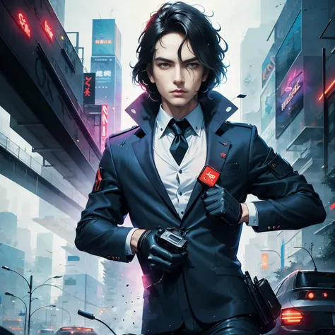 (masterpiece, best quality:1.2), Graffiti caricatures，full image, High resolution and high contrast,simple,rainy night，Futuristic male agent, His face is very determined, intense gaze, shiny black hair, Detailed futuristic silver pistol,,wearing black suit...