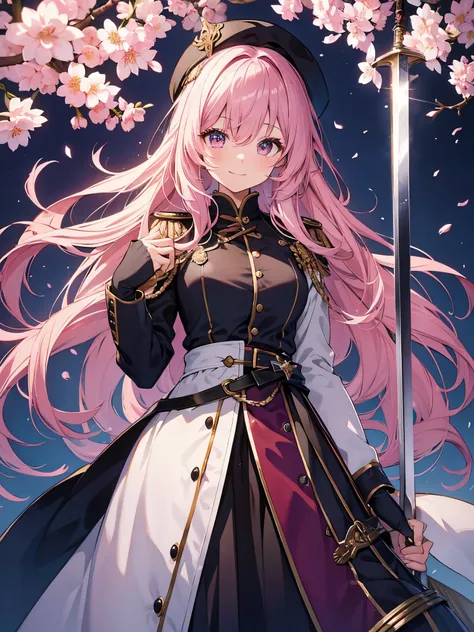 （muste piece）（High definition）20th generation women、pink eyes、alone、smile、cherry blossom hair（twin roll）A uniform that looks like a fantasy arrangement、beret、both hands bent、Sword on the back（Decoration in the style of the Middle Ages）、art nouveau backgrou...