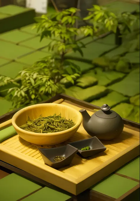 there is a bowl of green beans and a Teapot on a tray, green Tea, Tea ceremony scene, assam Tea garden setting, assam Tea garden background, background: assam Tea garden, assam Tea village background, Tea, on wooden pallet, blinds, Stock, Beijing, High qua...