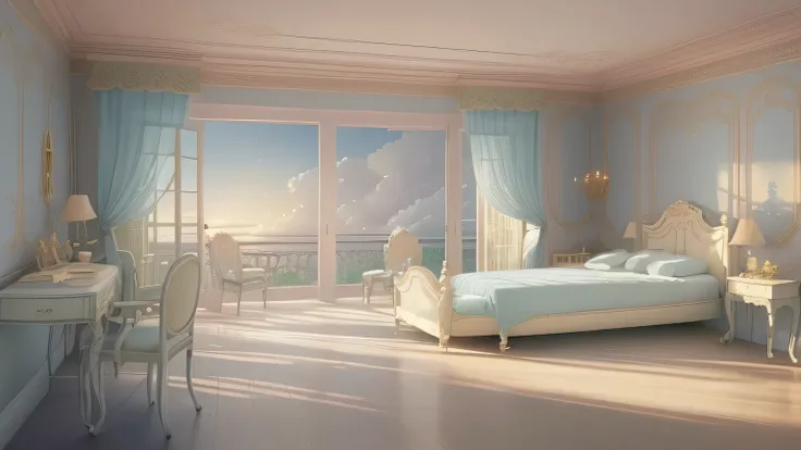 photo of bedroom with bed, Chair, table and window, dreamy and detailed, beautiful and aesthetic, sunny bedroom, magical realism style, bedroom background, unreal engine ; romantic theme, beautiful aesthetics art, so magical and dreamy, dreamy and romantic...