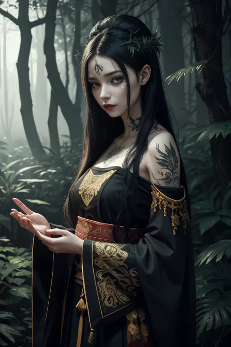 Illustration, dark fantasy, melanholy, beautiful young woman in traditional clothes, forest, hospital, plants tattoo on hand, ritual,