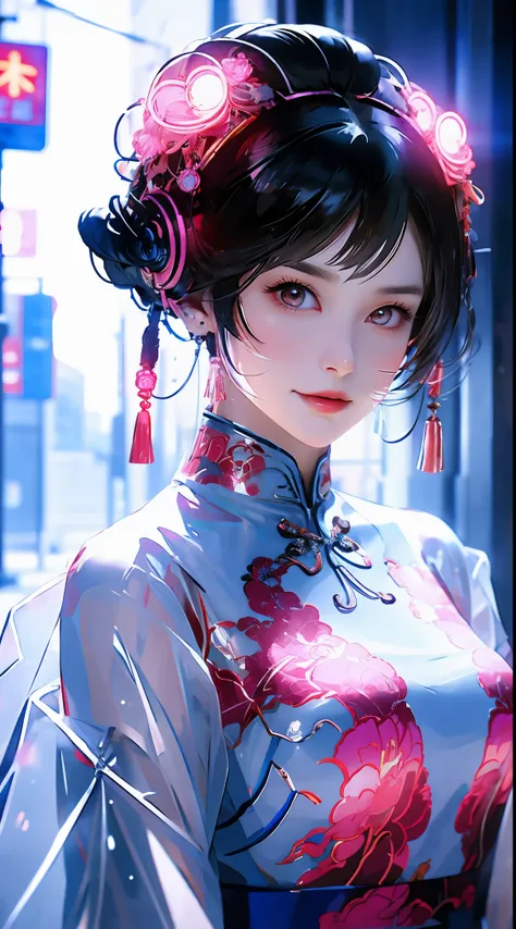 1 girl, Chinese_clothing, liquid silver and pink, cyberhan, cheongsam, cyberpunk city, dynamic poses, Luminous headphones, Luminous hair accessories, long hair, Luminous earrings, glow necklace, cyberpunk, full of mechanical and futuristic elements, futuri...