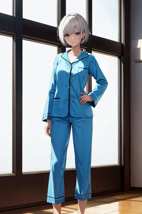 short hair female high quality ,standing ,blue pajamas slim