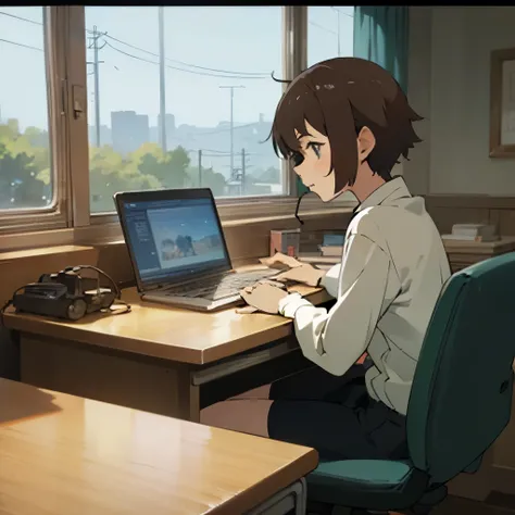 Anime girl sitting at a desk with a laptop and headphones, lofi girl, Lofiatostyle, anime movie screenshots, Lofiato, anime movie screenshots, anime movie yet, makoto shinkai style, lofi girl aesthetic, Lofi feeling, Still from the anime, gro anime screens...