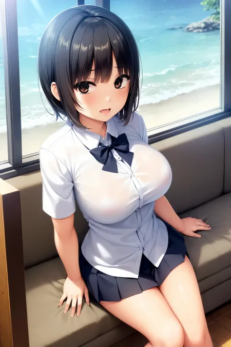 (masterpiece, highest quality, super detailed), (sumika), 1girl,  (slim:1.7), short hair, black hair, (big breasts:1.6), raised, Wet , Sweat,  beautiful face,  (Big eyes:1.5), cute,  fog,   (school uniform:0.6), (white shits:1.4), (Pleated skirt:1.4)  (fro...