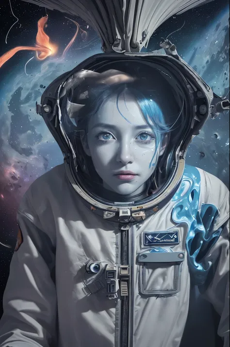 An astronaut dissolving into madness, floating in space, striking a dynamic pose. The astronaut is shown with stunning detail in their eyes, lips, and face. The artwork is created using a combination of illustration and 3D rendering techniques, resulting i...