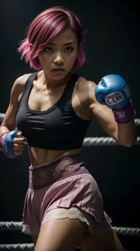 1 malay lady with short waggy bob pink hair with bangs wear lilac lace bra, white pleated short skirt, dark black background, hijab, forehead-looking, surly, sharp-eyed, (cool look), boxing, both red gloves, visible, middle-aged woman, (((narrow eyes)), fi...