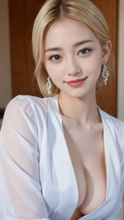 Blue-eyed blonde with earrings and open bust top from white dress shirt. Pure, beautiful and cute Korean beauty&#39;s smile and dimpled nude.