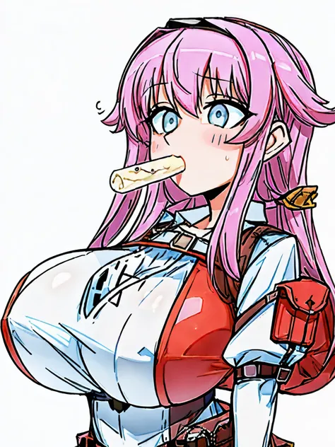 (pondering girl), (huge breasts:1.2), (adventurer outfit:1.5), (white background), (eating:1.2)