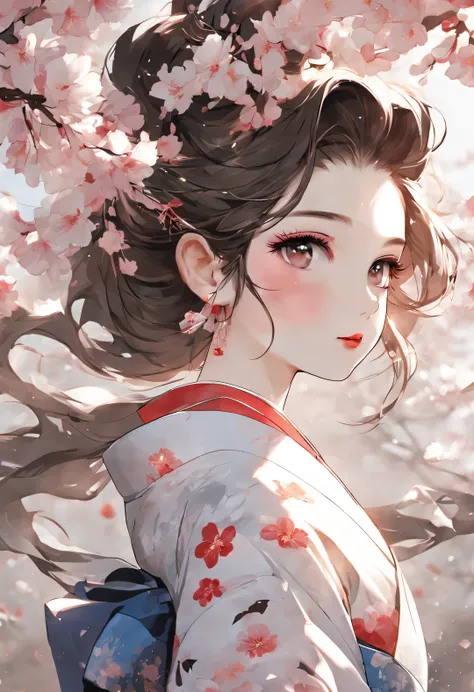 (under white cherry blossoms，geisha stands gracefully, look back and smile: 0.85), (many, many white cherry blossom petals are f...