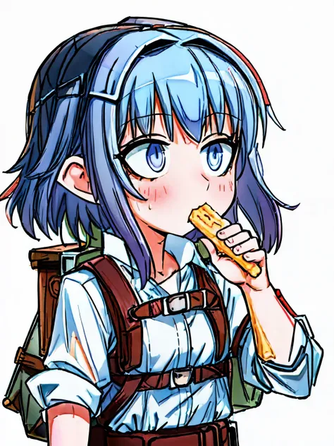 (pondering girl), (adventurer outfit:1.5), (white background), (eating:1.2)