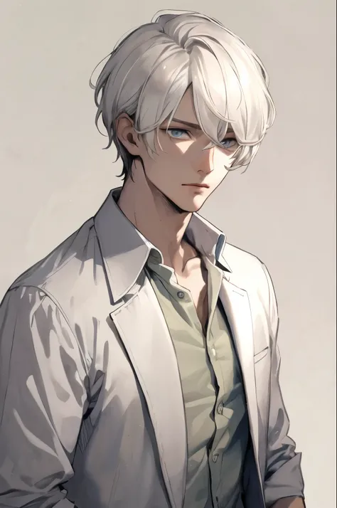 アニメ - gray hairと緑のシャツを着た男性のスタイル画像, anime handsome man, Tall anime guy with blue eyes, Anime portrait of a handsome man, gray hair, nagito komaeda, anime male characters, anime youth, gray hairの, detailed anime character art, male anime style, handsome anim...