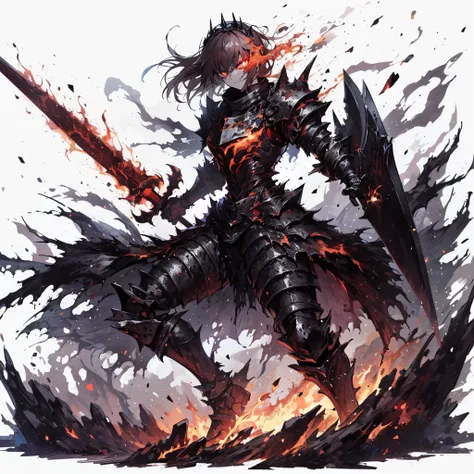 (Masterpiece), (Perfect Athlete Body:1.2), Full Body, anime style, female Knight of undead, glowing red eyes, ash hair, black burned armor, shedding molten iron like blood, holding blade, flaming fist, wearing raised boots, White Background, Whole Body, St...