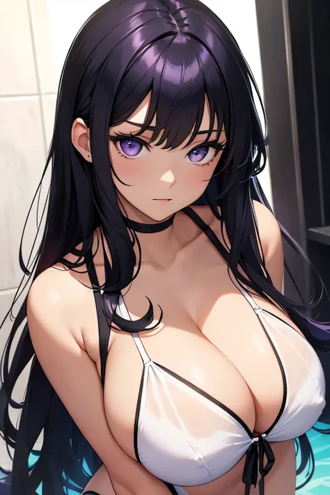 Beautiful girl, black hair, Blake, purple hair tips, Blake, white swimsuit, big breasts, cleavage, sexy,