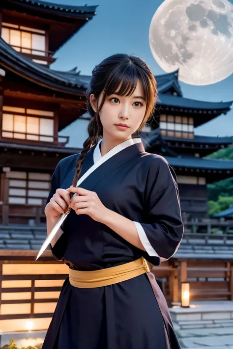 old-fashioned beauty、Kunoichi、japanese castle、full moon、Short sword、front