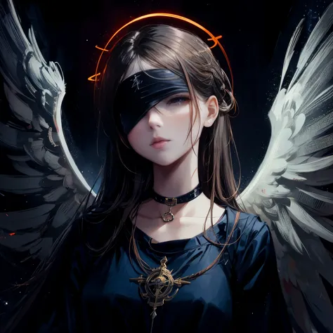 painting of a woman with angel wings and a blindfold, neoartcore and charlie bowater, with a red halo over her head, angel with black wings, beeple and jeremiah ketner, wearing angel halo, angel girl, artwork in the style of guweiz, angelic and unsettling,...