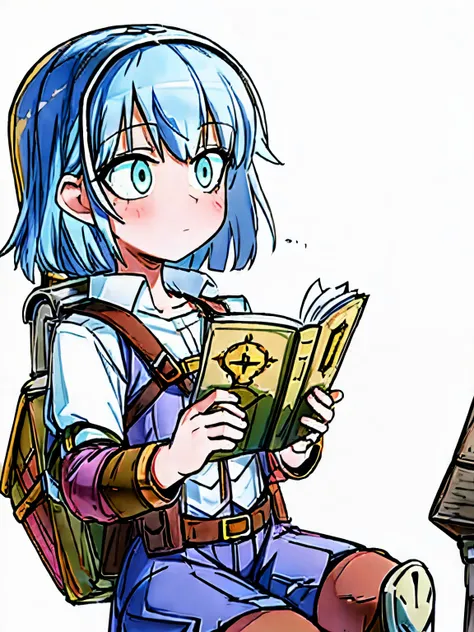 (pondering girl), (adventurer outfit:1.5), (white background), (reading:1.2)