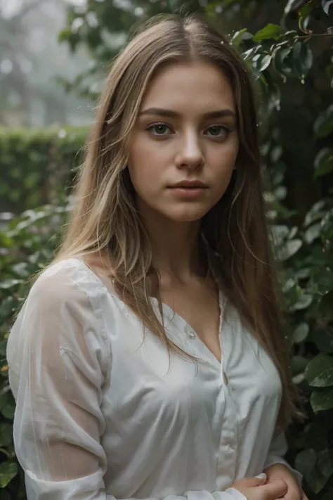 (best quality,8k,ultra-detailed,masterpiece:1.2),beautiful and aesthetic,hyperrealism,photography,portrait,beautiful girl, teenager, grey eyes, long blonde hair, sad expression, rainy garden, soft lighting, misty atmosphere, delicate raindrops, vibrant flo...