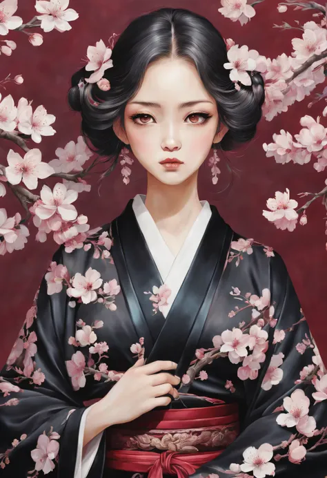 Sakura girl wearing black kimono，Adopt Miho Hirano、Becky Clongola Keys、button、letter&#39;style，Sakura original painting，colorful melancholy，Gothic dark and gorgeous，scarlet，baroque portraiture，Extensive decoration，arabesque/reel