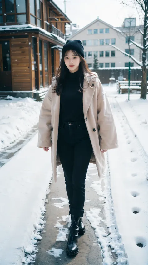 a girl dressed in a form-fitting black long down jacket with tight black jeans, standing on a street in winter, with a modern ar...