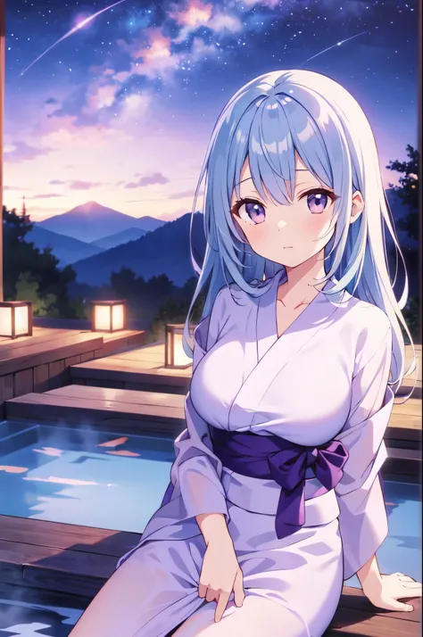 （masterpiece）、(highest quality)、((Super detailed))、(super delicate)、pastel colored hair、beautiful breasts、yukata、Hot spring at night、fantastic starry sky