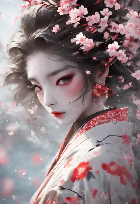 Geisha stands gracefully under the cherry blossoms, Red cherry blossom petals fall one after another,
White makeup on a girl’s face without highlights and shadows. The entire white foundation covers the face and neck. Red lip makeup is a small mouth area t...