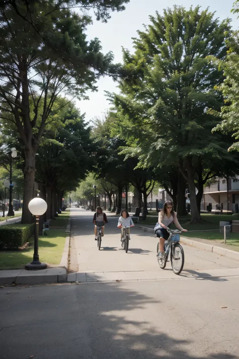 Modern park with many trees, modern lamps, sidewalks, people walking and children riding bicycles and houses around 