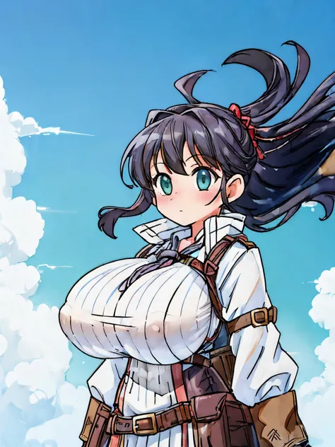 (girl), (huge tits:1.2), (adventurer outfit:1.5), (white background), (strong wind posing:1.2)