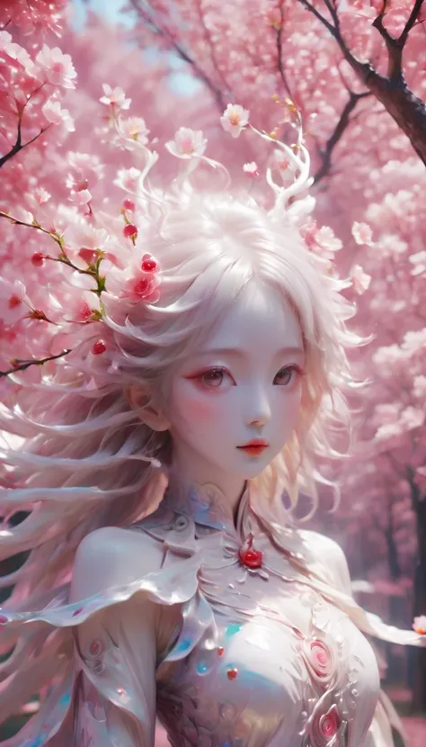 Cherry treegirl,(a girl made of fresh 樱花),forest,Cherry tree,Beautiful psychedelic white complex and detailed production,cute face,long hair,8k,Ultra-fine knots,