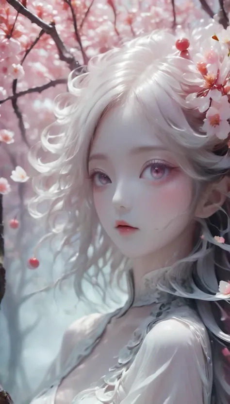 Cherry treegirl,(a girl made of fresh 樱花),forest,Cherry tree,Beautiful psychedelic white complex and detailed production,cute face,long hair,8k,Ultra-fine knots,