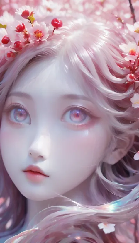 Cherry treegirl,(a girl made of fresh 樱花),forest,Cherry tree,Beautiful psychedelic white complex and detailed production,cute face,long hair,8k,Ultra-fine knots,