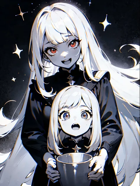 teenage girl、A lively magician whose facial muscles are dead, cute、long white hair、Red eyes and glazed eyes、Bangs are heavy、fantasy、intake、double teeth、star motif、monochrome clotheetal look decoration