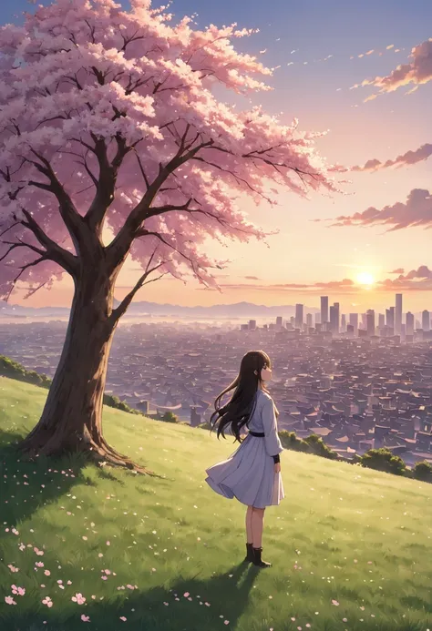 cherry tree下的女人，gaze at the distant skyline，那sunset余晖与古老的都城映造出一道美丽的风景，west wind blows girl&#39;long hair，sunset，sunset，cloud，fal...