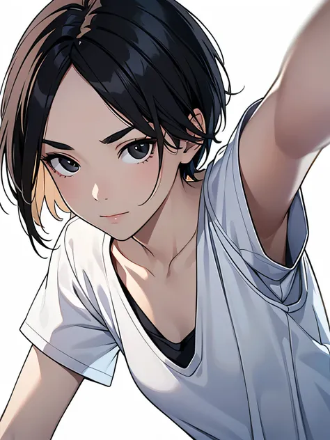 masterpiece, High resolution, 高精細CG Unity 8K,realistic,RAW photo,beautiful and detailed face, white skin,(1 girl),skinny,flat chest,(black eye),black hair,(very short hair),(amount),Side undercuts,flowing bangs,(White V Neck T-Shirt),(white background),(tr...